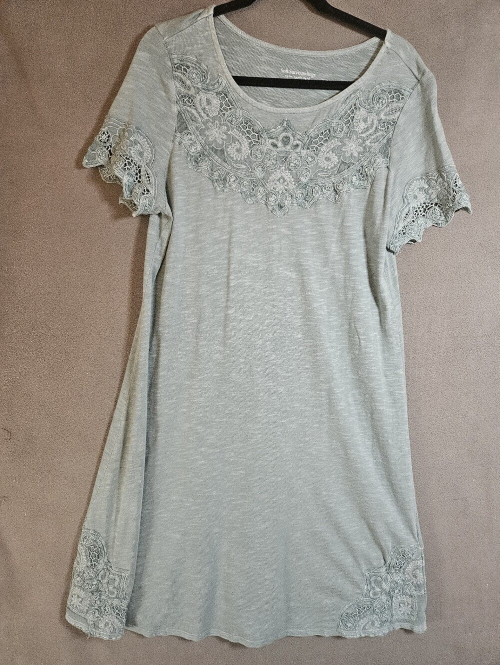 Soft Surroundings Tiki Town Embroidered Applique Cotton Modal Green Dress Large